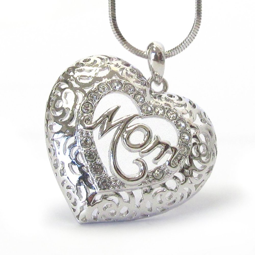 Mom White Gold and Crystal Necklace